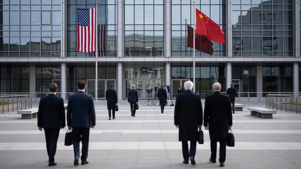 Amerikaanse en Chinese vlaggen bij een gebouw tijdens overleg over het handelsbestand