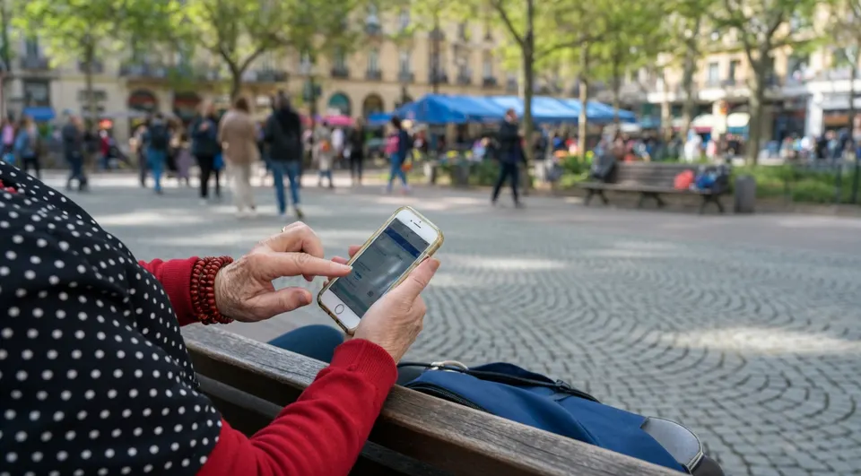 Belegger bekijkt informatie op een smartphone, met een stadsplein op de achtergrond
