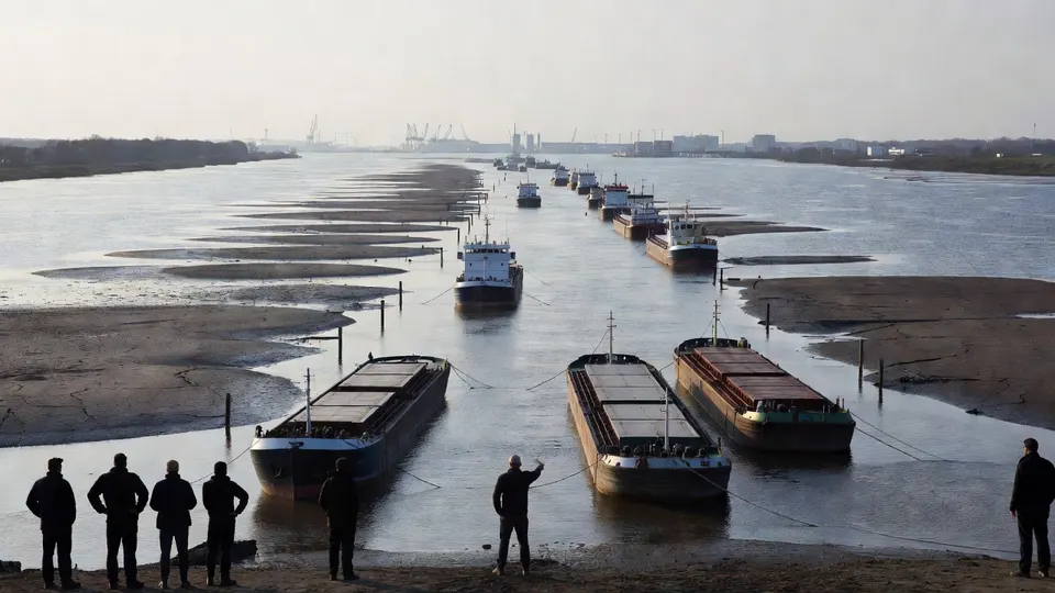 Door de lage waterstand liggen binnenvaartschepen stil op de IJssel