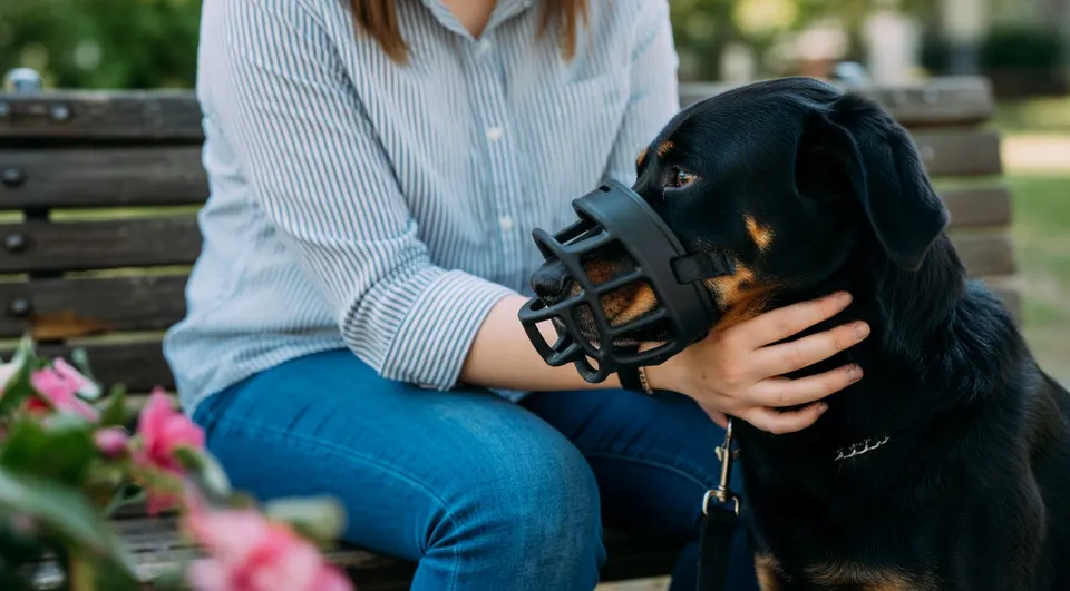 Hond met muilkorf naast zijn eigenaar