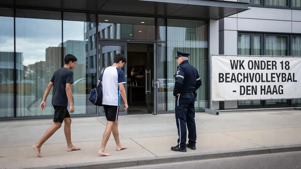 Twee jeugdspelers verlaten het hotel tijdens het WK onder 18 jaar beachvolleybal in Den Haag