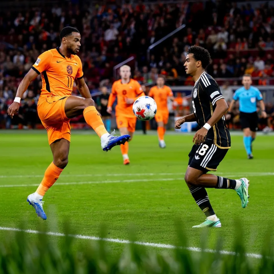 Cody Gakpo van Oranje in duel met een Duitse tegenstander