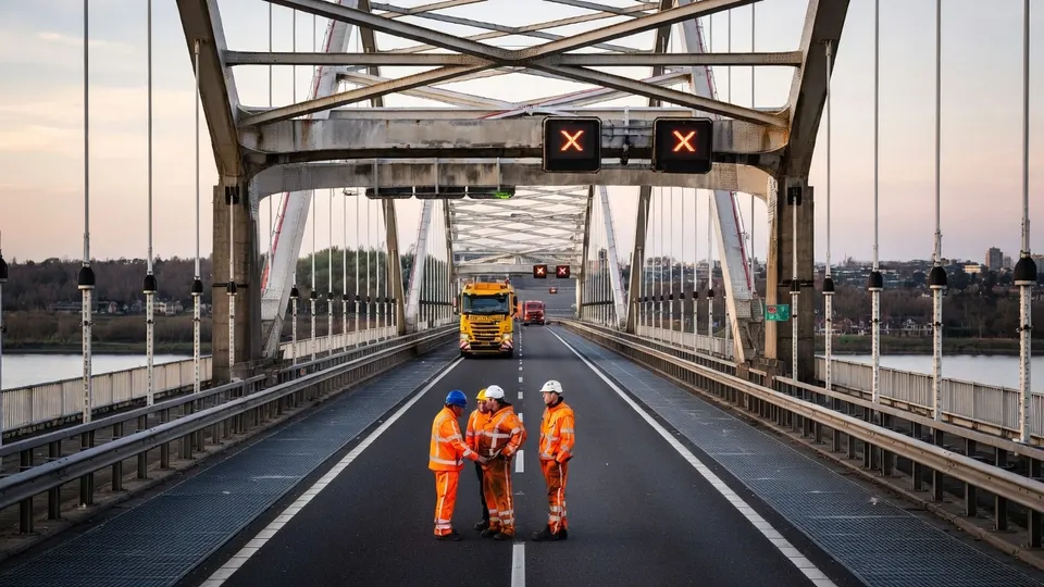 Wegwerkers op de afgesloten Merwedebrug tijdens de vervanging van het wegdek