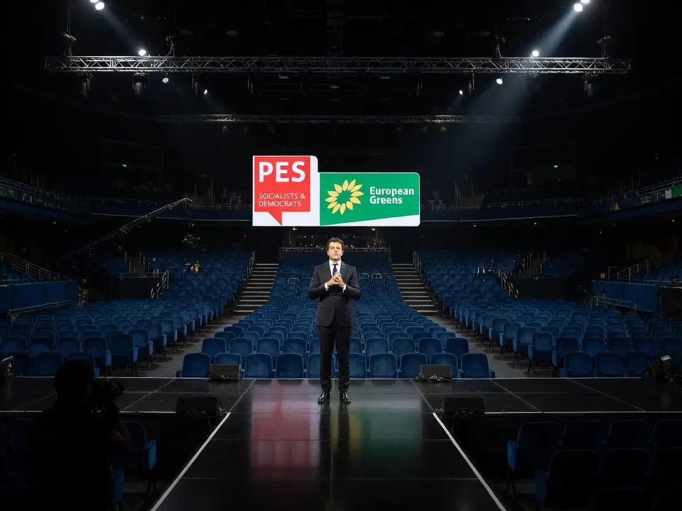 Jesse Klaver in een zaal met de logo's van de Europese groenen en sociaaldemocraten