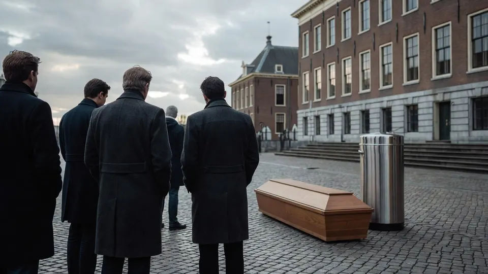 Houten kist op een plein bij een overheidsgebouw