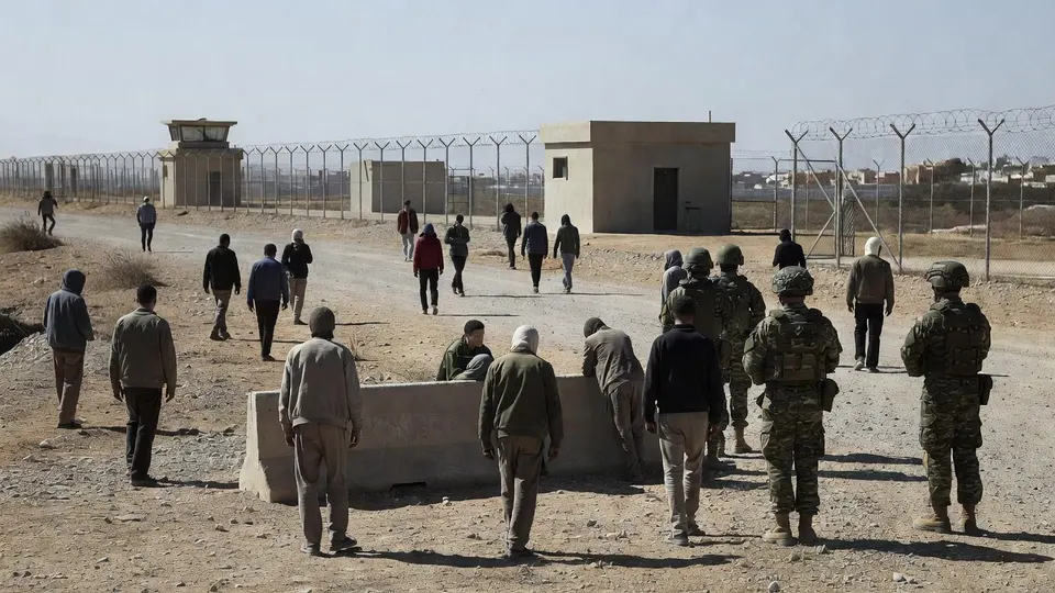 Spaanse militairen bewaken een grenshek terwijl migranten in Ceuta worden weggejaagd