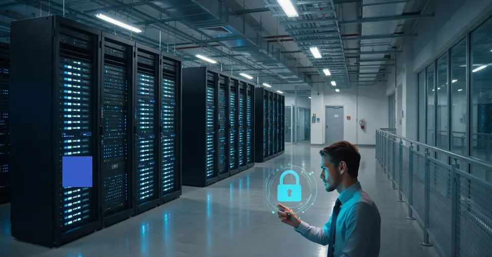 Serverruimte met computersystemen en een digitaal slot als symbool voor cyberbeveiliging