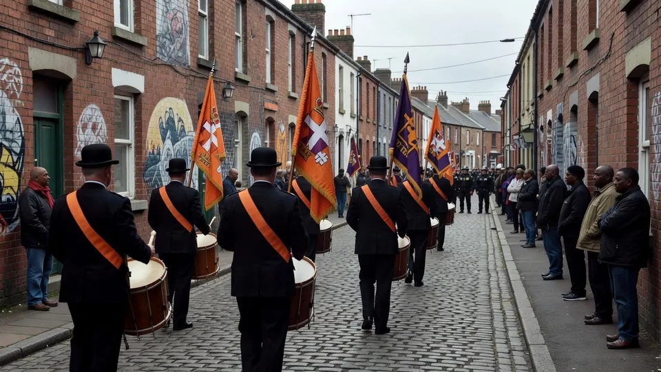 Leden van de Oranjeorde lopen met vlaggen en trommels door een straat in Portadown