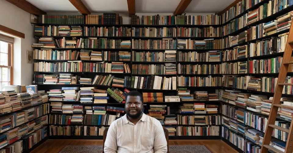 Thélyson Orélien zit voor een boekenkast