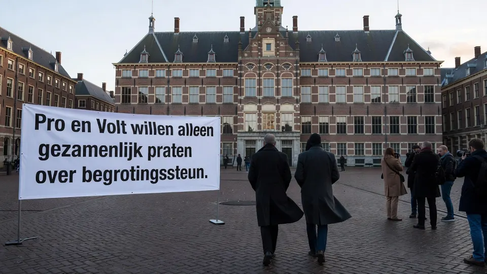 Op het Binnenhof staat een spandoek met de oproep van Pro en Volt om gezamenlijk te praten over begrotingssteun