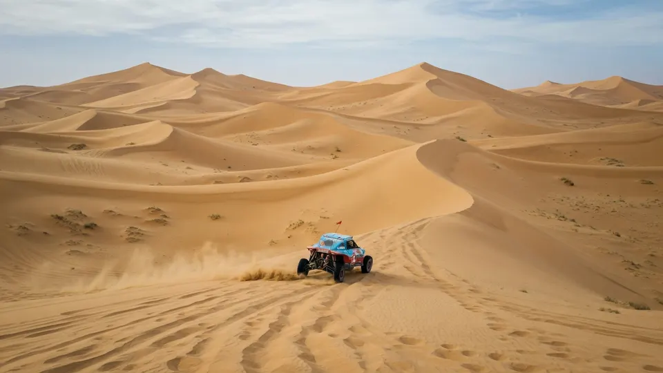 Een rallybuggy rijdt door de zandduinen