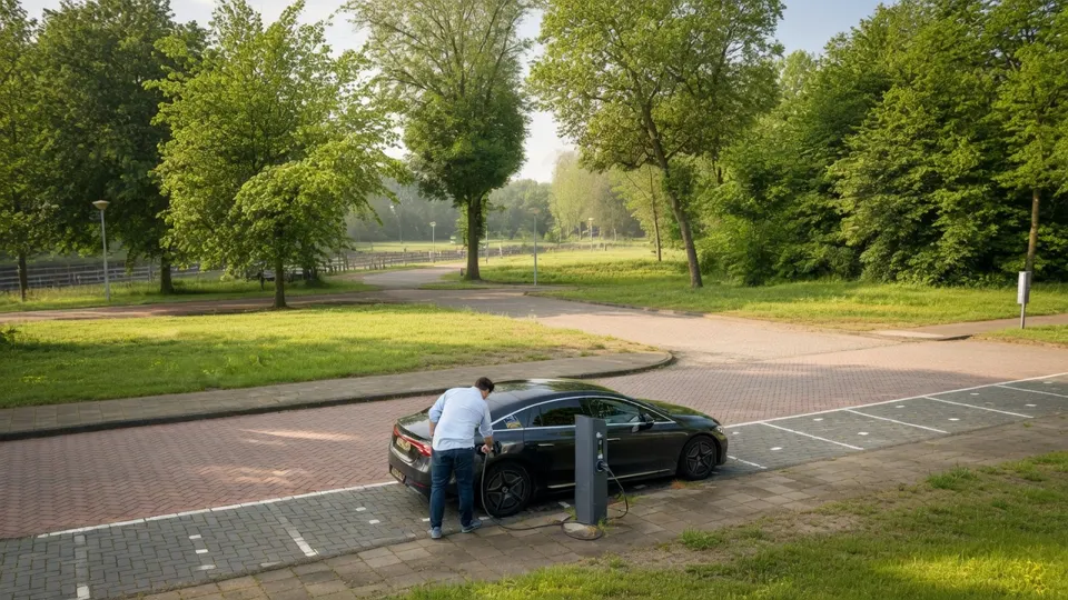 Een automobilist laadt een elektrische auto op bij een laadpaal