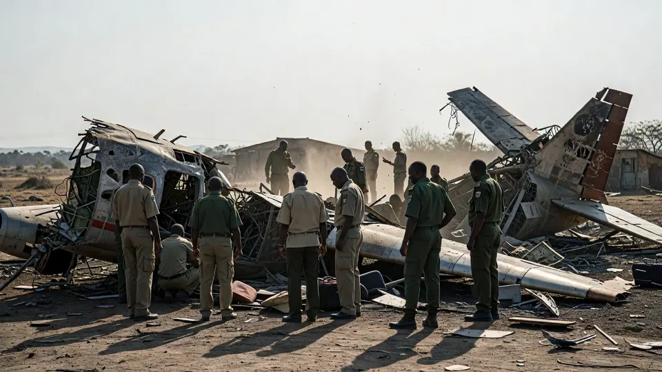 Hulpverleners bij het wrak van het vliegtuig dat neerstortte bij Kenge in Congo