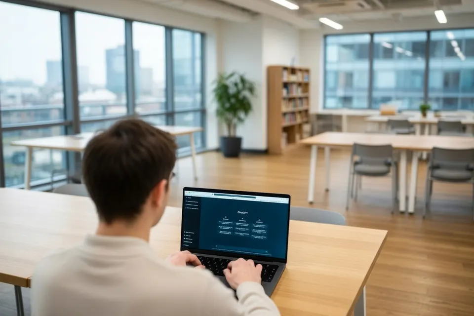 Student werkt in een bibliotheek achter een laptop met daarop een scherm met code