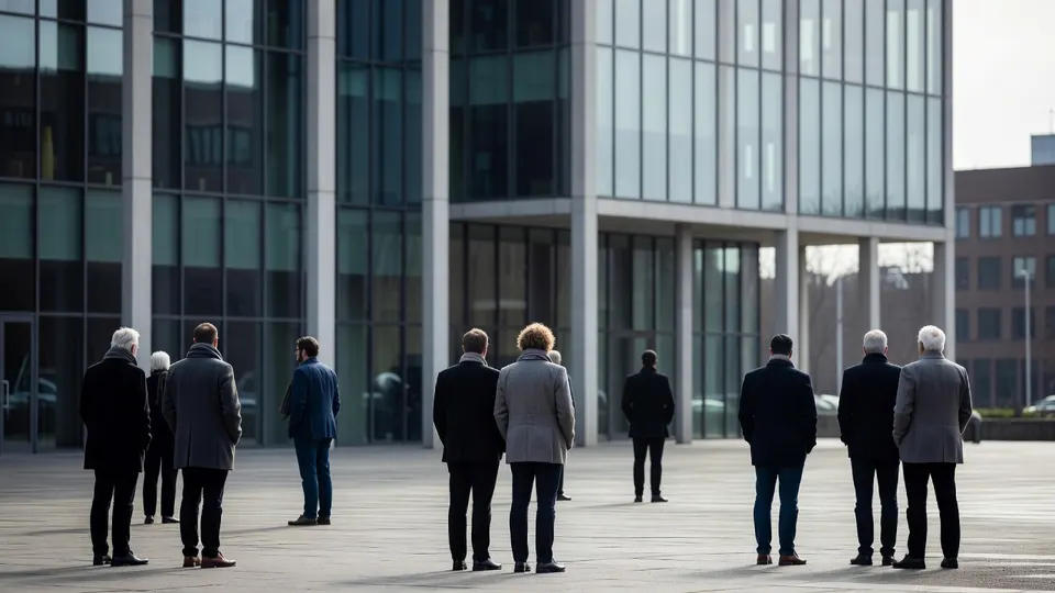 Mensen lopen langs een modern overheidsgebouw in een beeld dat past bij de politieke onzekerheid rond kabinet-Jetten