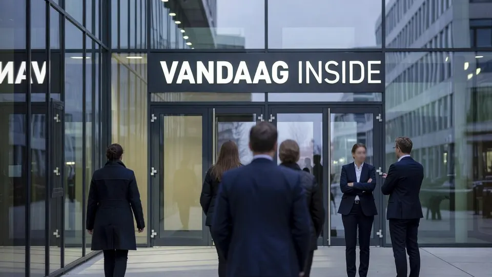 Mensen lopen een gebouw binnen met de tekst Vandaag Inside boven de ingang