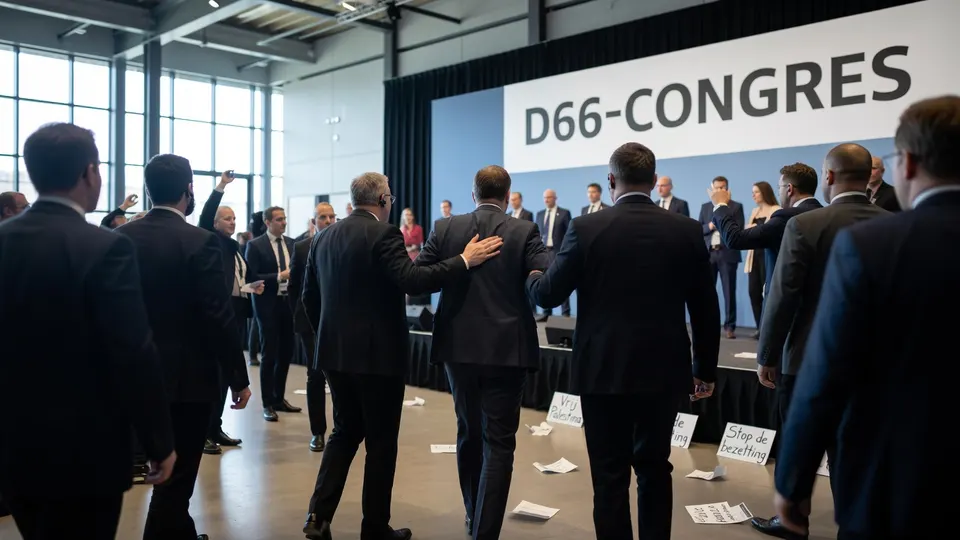 Beveiligers begeleiden premier Rob Jetten weg tijdens het D66-congres
