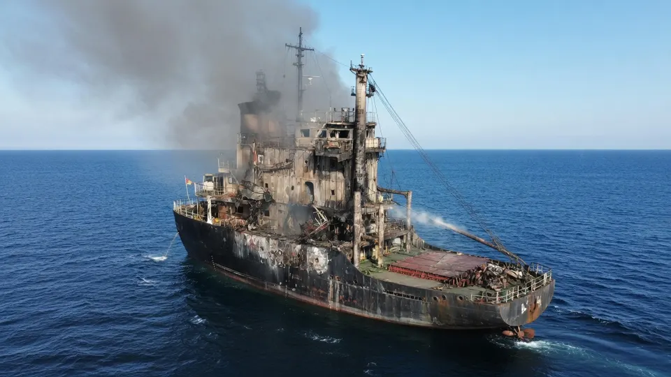 Het vrachtschip Golden Leo is zwaar beschadigd en staat in brand op de Zwarte Zee
