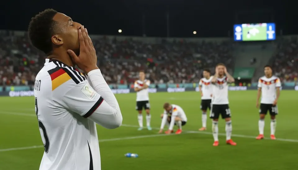 Duitse spelers reageren teleurgesteld na de historische 0-1-nederlaag tegen Griekenland