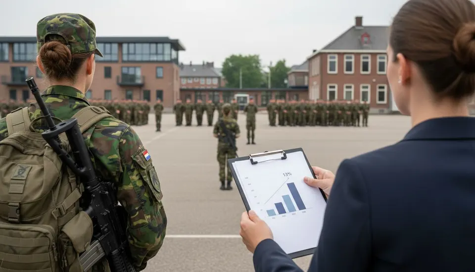 Vrouwelijke militair en leidinggevende bekijken een grafiek tijdens een oefening op een kazerneterrein