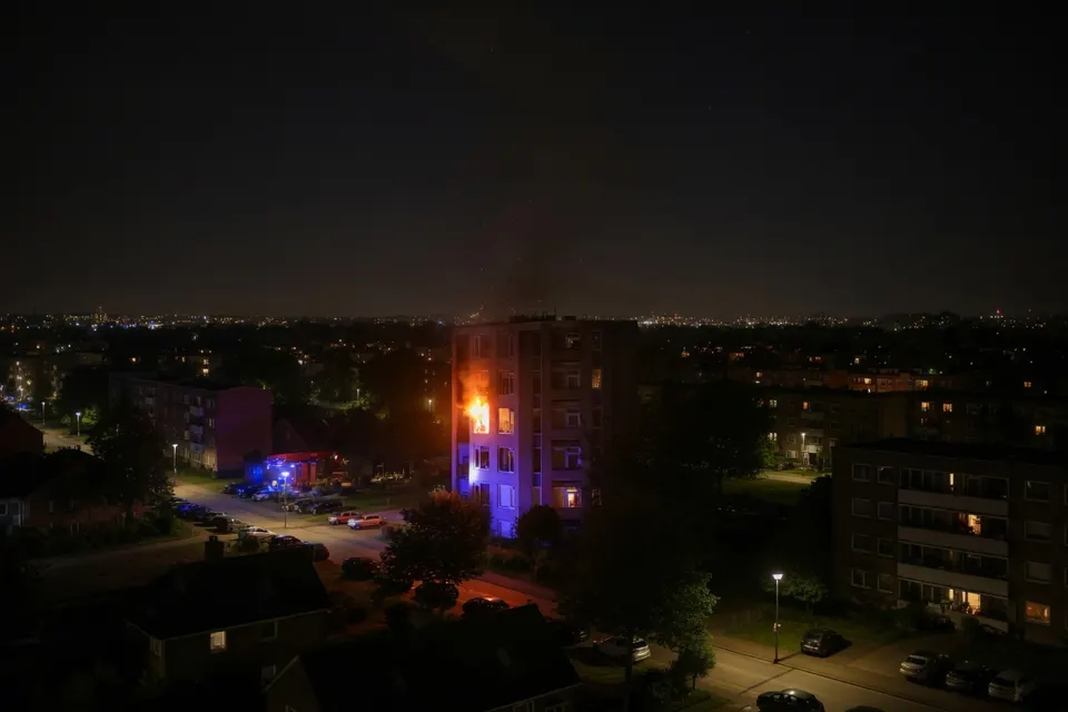 Brandweer bestrijdt een flatbrand in Apeldoorn, waarbij vlammen uit een appartement slaan