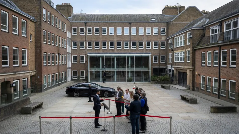 Journalisten staan voor een onderwijsgebouw
