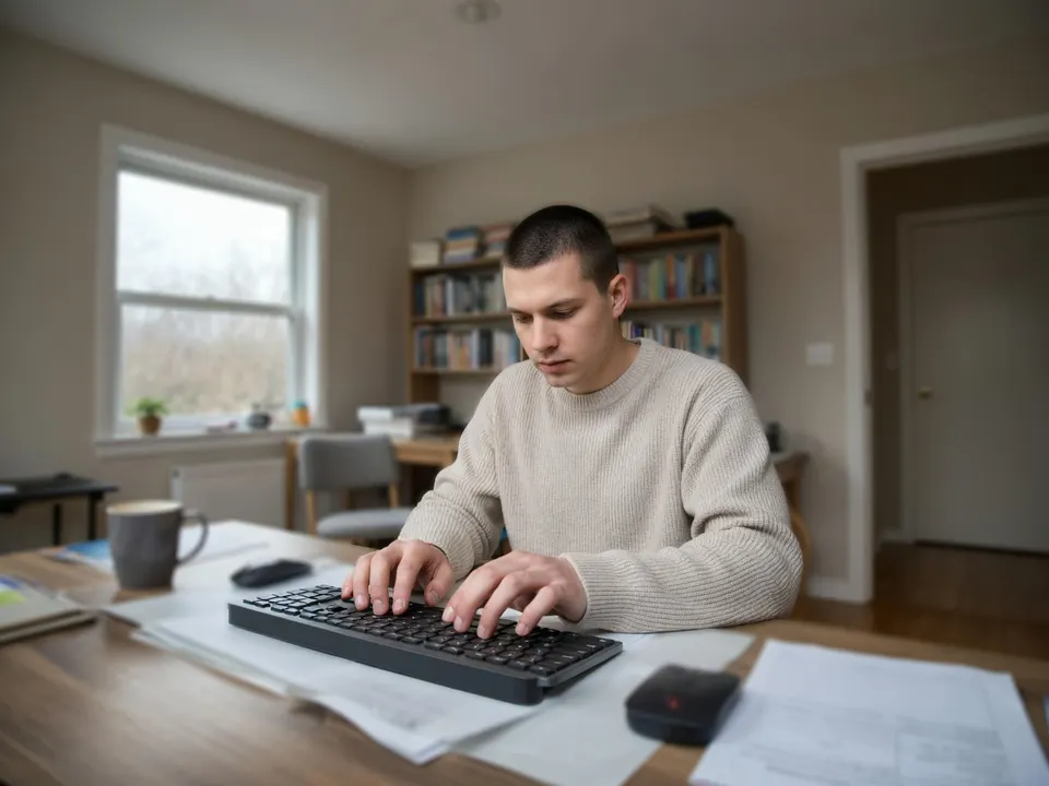 Een man werkt achter een computer