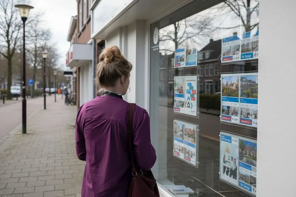 Vrouw bekijkt het aanbod van koopwoningen in de etalage van een makelaar