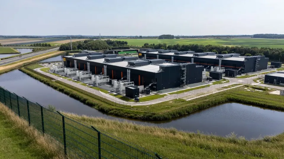 Datacenter in Nederland, omringd door water en landbouwgrond