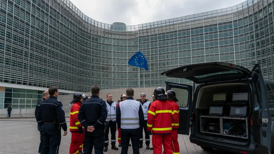 Politie en brandweer bij een demonstratie van communicatietechnologie bij de Europese Commissie