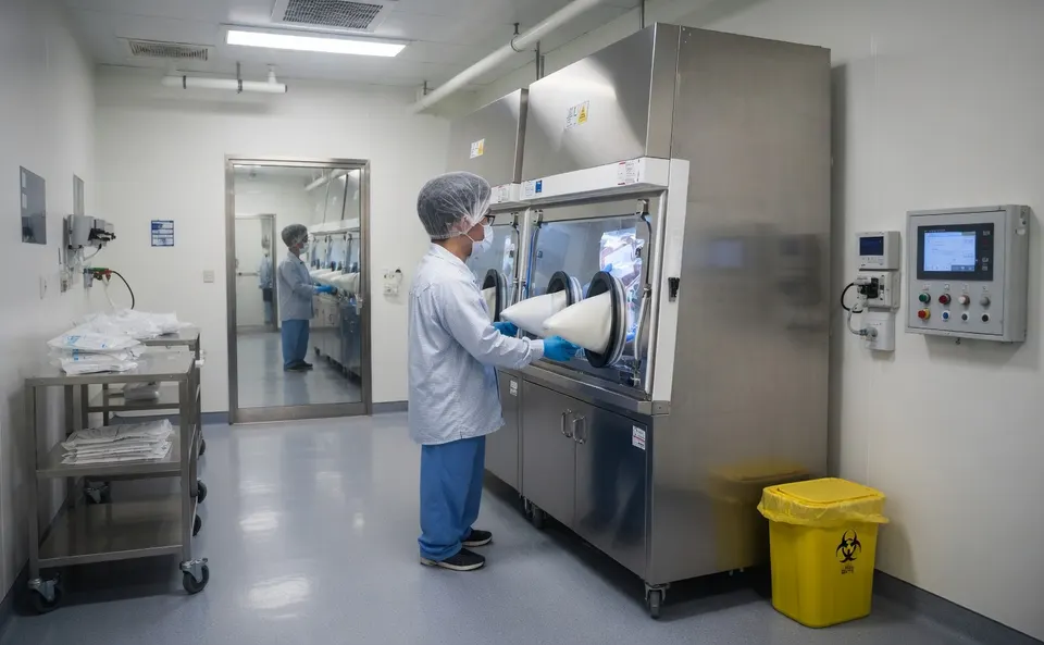 Medewerker in beschermende kleding werkt in een laboratorium waar stamcellen worden verwerkt