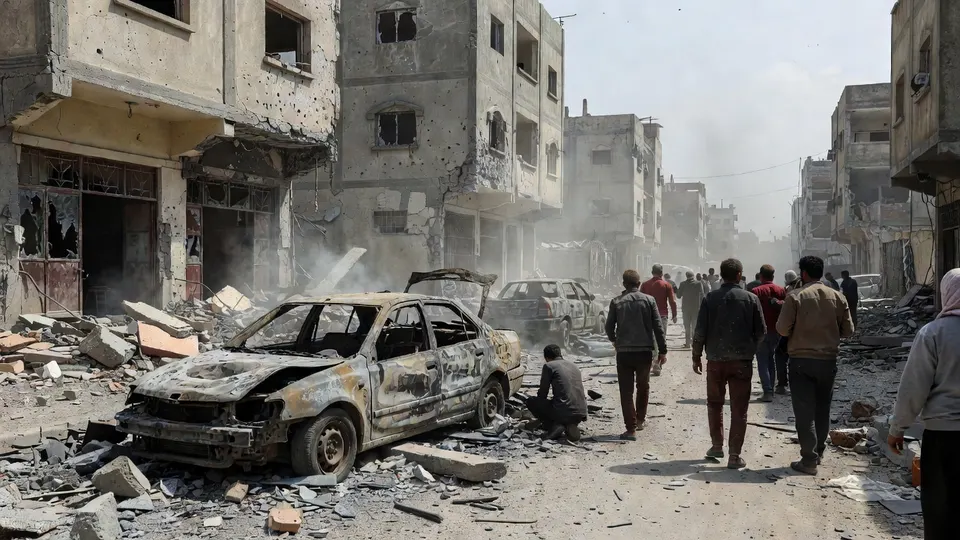 Zwaar beschadigde auto in Gaza-Stad na een gemelde Israëlische luchtaanval