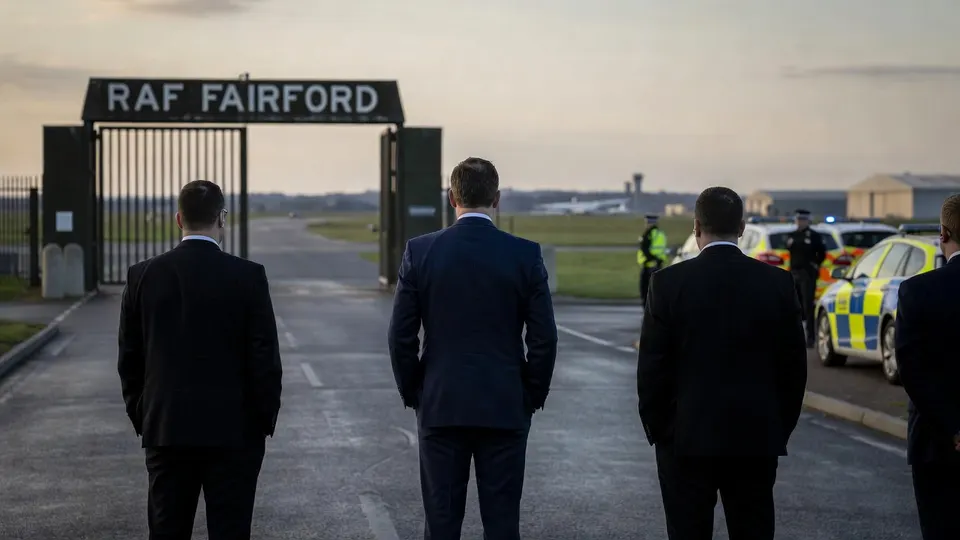 Britse agenten bij de ingang van vliegbasis RAF Fairford