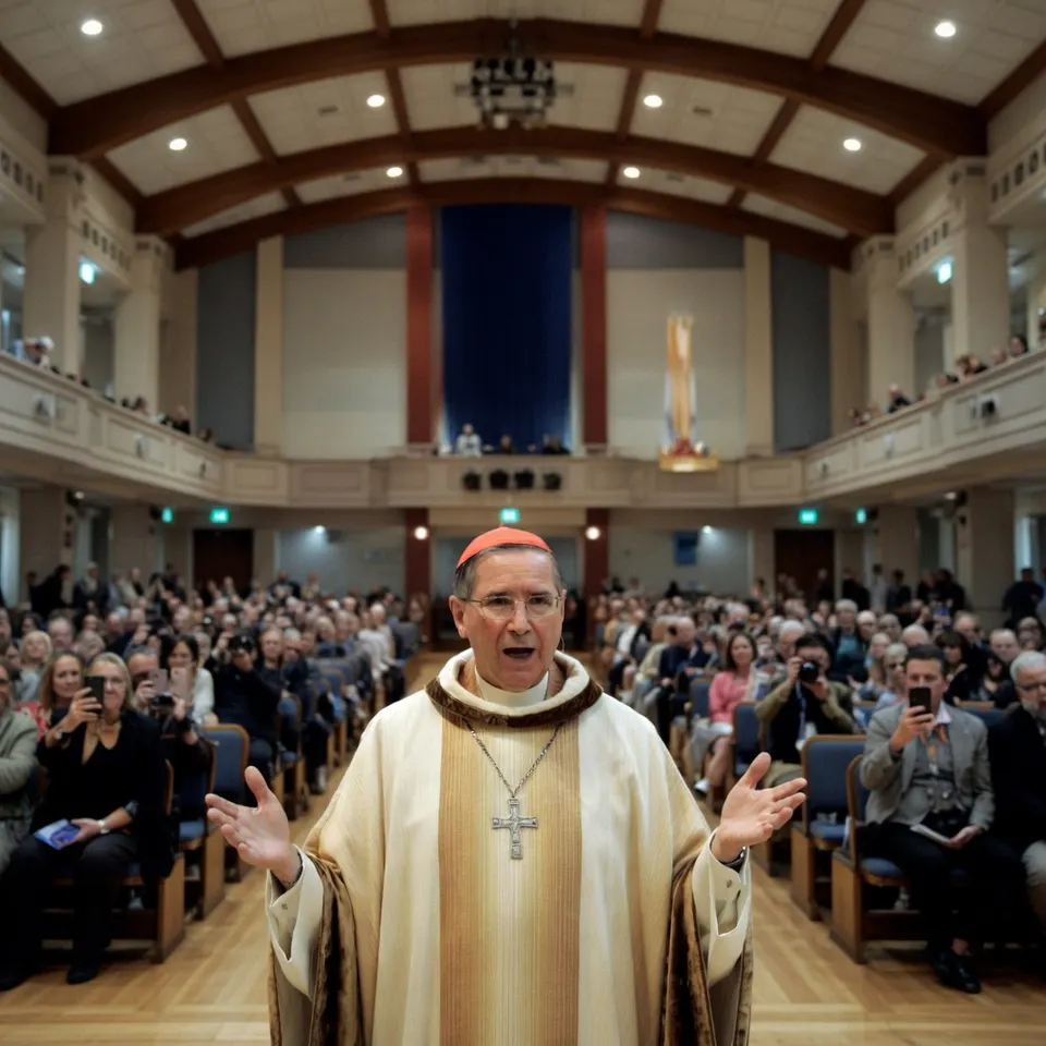 Een katholieke geestelijke spreekt een volle kerk toe in Massachusetts