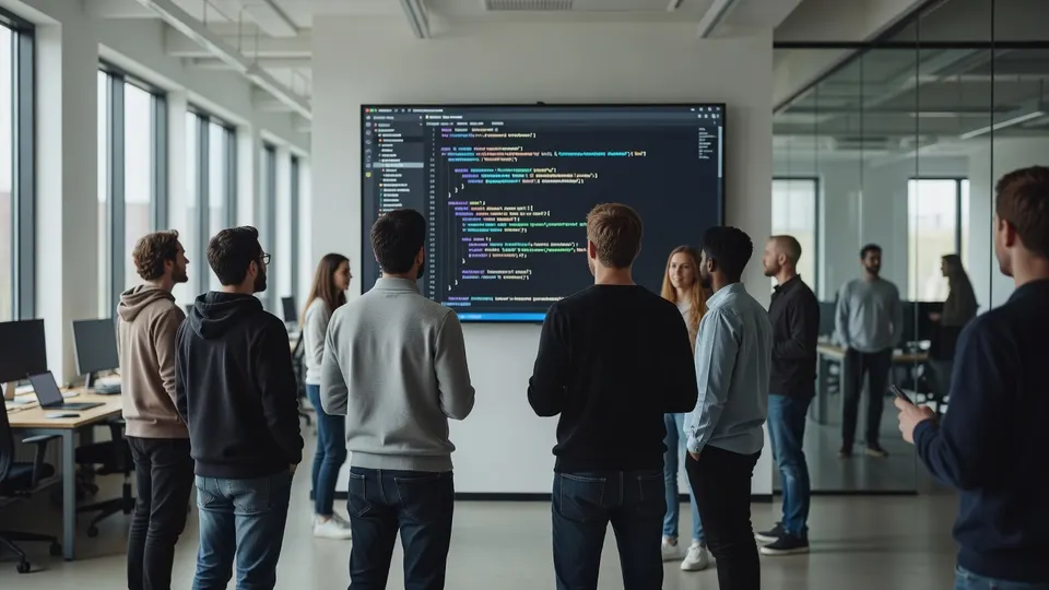 Ontwikkelaars bekijken C++-broncode op een groot scherm