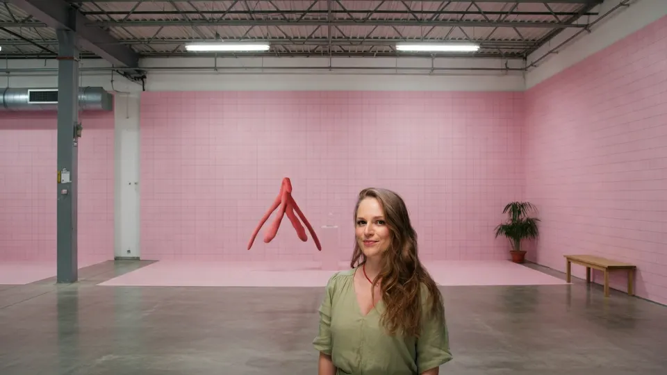 Kunstenares Hanni Braspenning in een expositieruimte na een reconstructie van de clitoris
