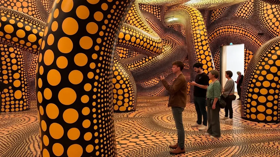 Bezoekers bekijken een installatie met stippen in een museum