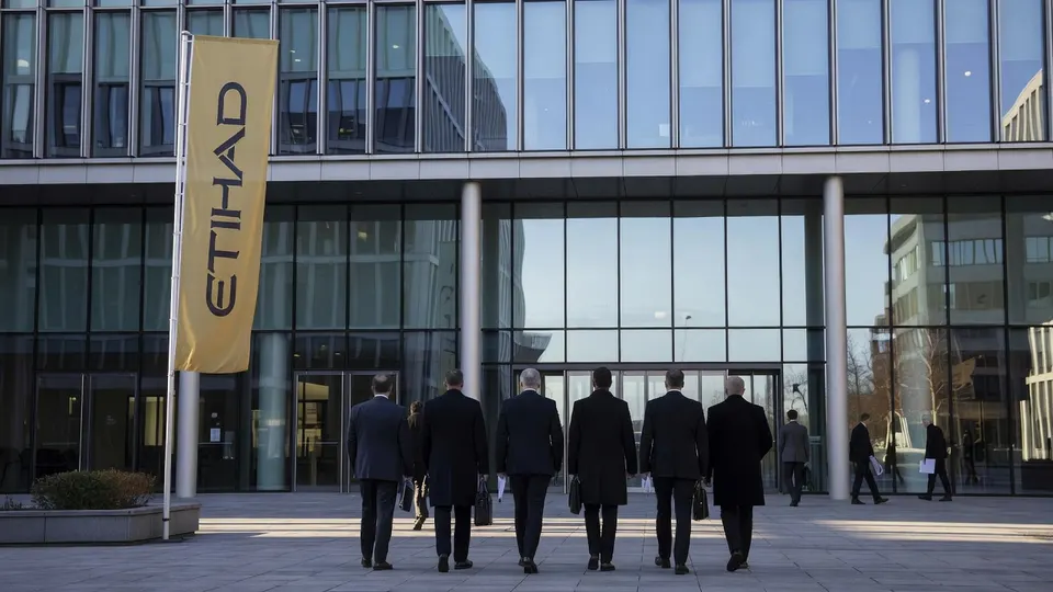 Bezoekers lopen langs de ingang van het Etihad-hoofdkantoor