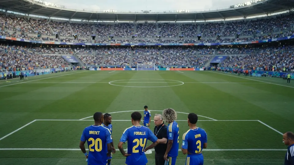 Spelers van Curaçao overleggen op het veld tijdens de Nations League-wedstrijd tegen Trinidad en Tobago
