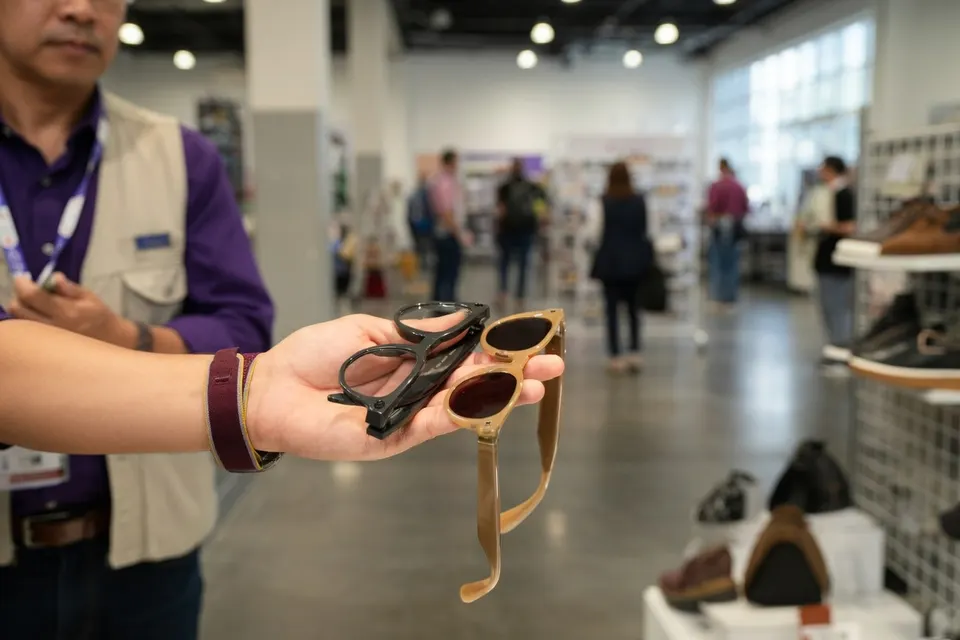 Een medewerker toont brillen met ingebouwde camera’s op een beurs