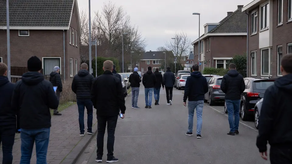 Mannen lopen door een straat in Overasselt na de aanslag