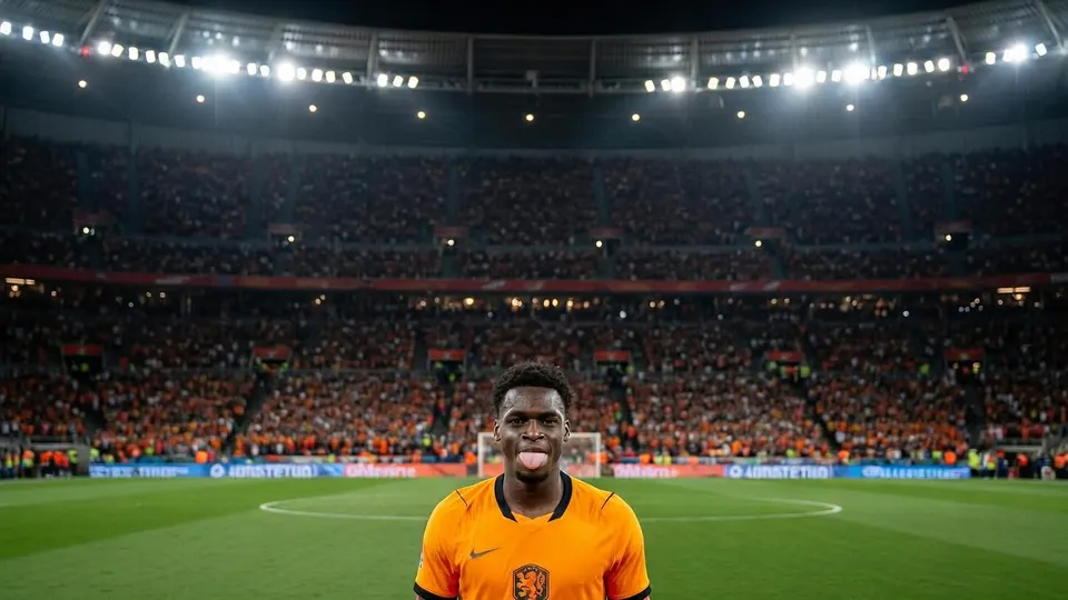 Een speler van Jong Oranje staat op het veld in een vol stadion