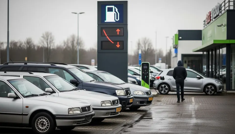 Dieselauto’s staan bij een tankstation, terwijl een automobilist bij een laadpunt parkeert