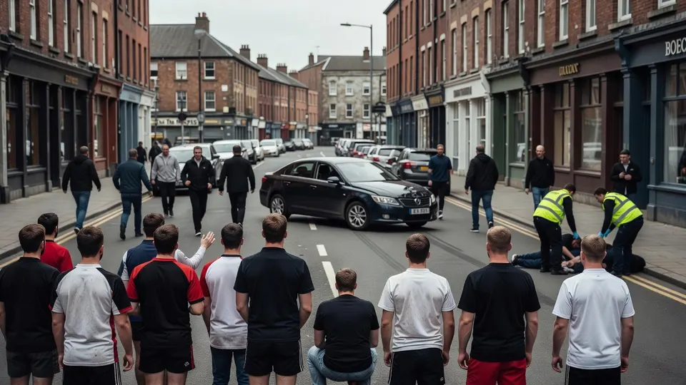 Rugbyfans staan op straat na het incident in Newcastle, terwijl hulpverleners een gewonde verzorgen