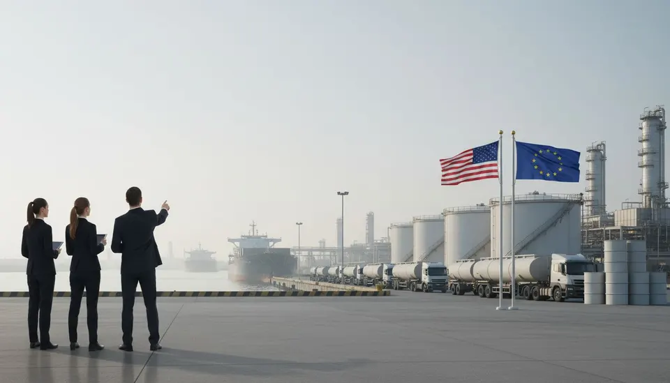Amerikaanse en Europese vlaggen bij een industriële brandstofterminal