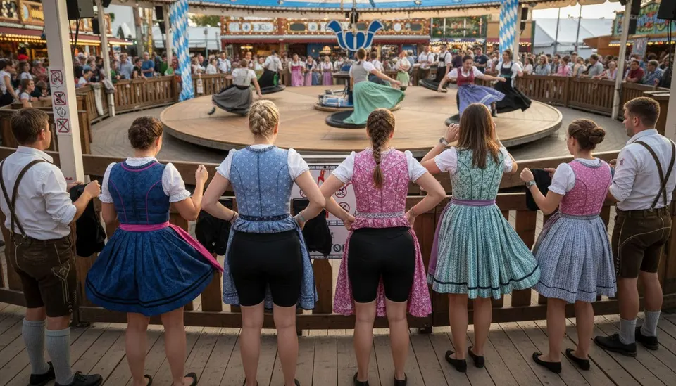 Vrouwen in dirndls doen mee aan de attractie Teufelsrad op het Oktoberfest in München