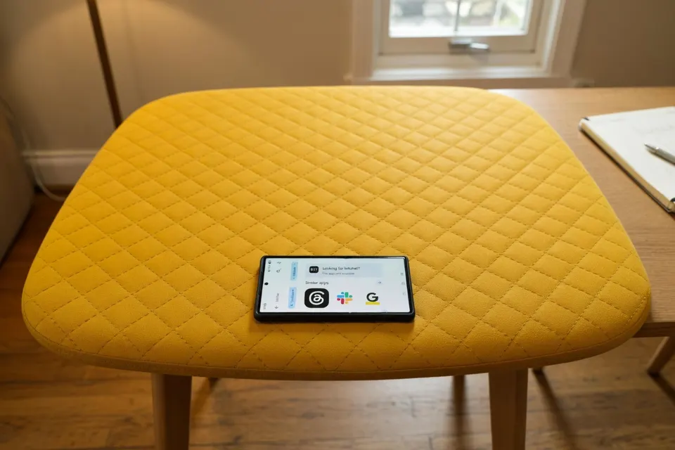 Een smartphone met de Bitchat-app op een gele stoel