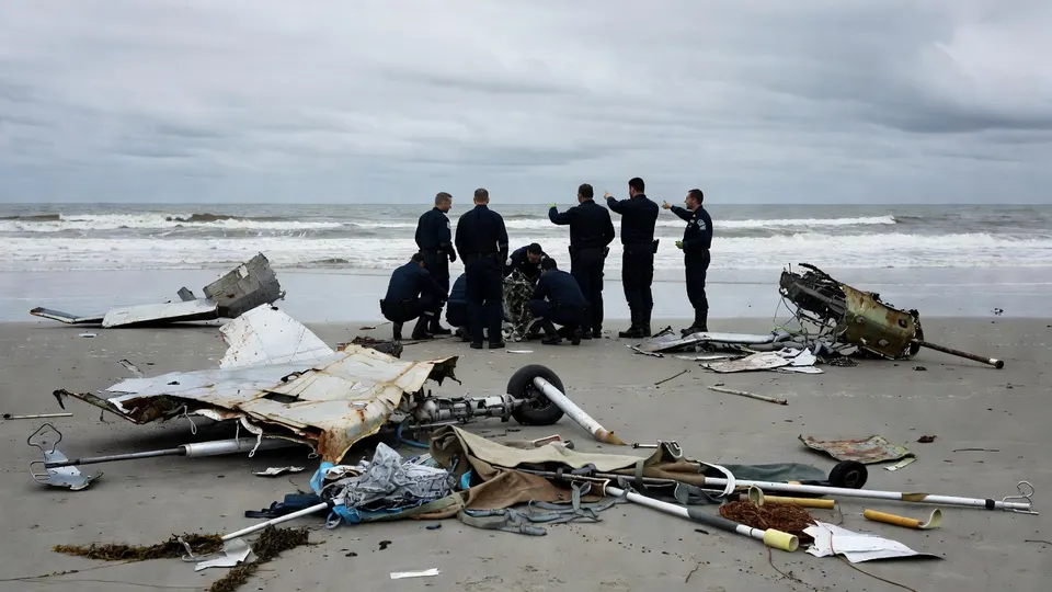 Hulpdiensten onderzoeken wrakstukken van het vermiste medische vliegtuig op het strand