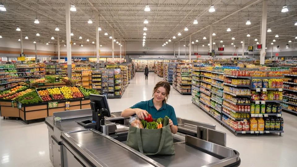 Winkelmedewerker rekent boodschappen af in een supermarkt
