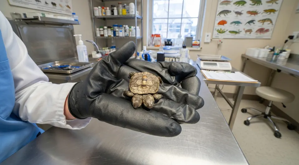 Een medewerker houdt de zeldzame tweekoppige diamantschildpad uit Cape Cod vast